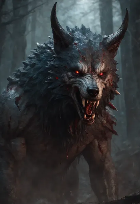 A painting of a really mest up wolf with a bloodied face and a bloodied head and horns with blue runes, carnage, Sci - Horror Art of Fiction, Science fiction horror artwork, inspired by Aleksi Briclot, Crocs de carnage, Horror fantasy art, par Aleksi Bricl...