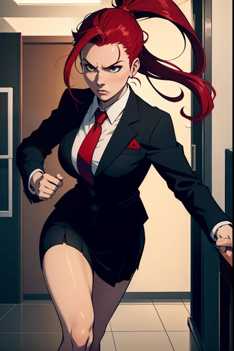 woman, red ponytail hair, wearing a black office suit, red tie,black office skirt, scared, running, dark, midnight