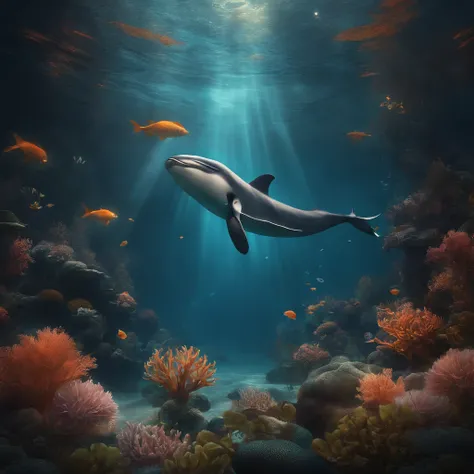 (best quality, high-res:1.2), vibrant lights, masterpiece:1.2, curated, super-detailed, high-quality, award-winning, swimming in a small goldfish bowl, long-whiskered whale, refracted sunlight, rich colors, underwater magic, mesmerizing patterns, intricate...