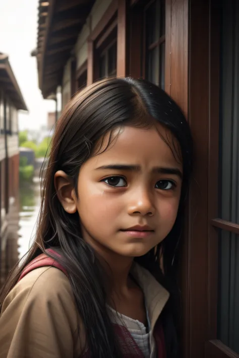 There was no one in the alley, and the surroundings were silent, only the raindrops sprinkled on the eaves of the low houses near and far, making a slight rustling sound. In the cold rain one 1 young Indian girl is standing looking in the sky, rain drops f...