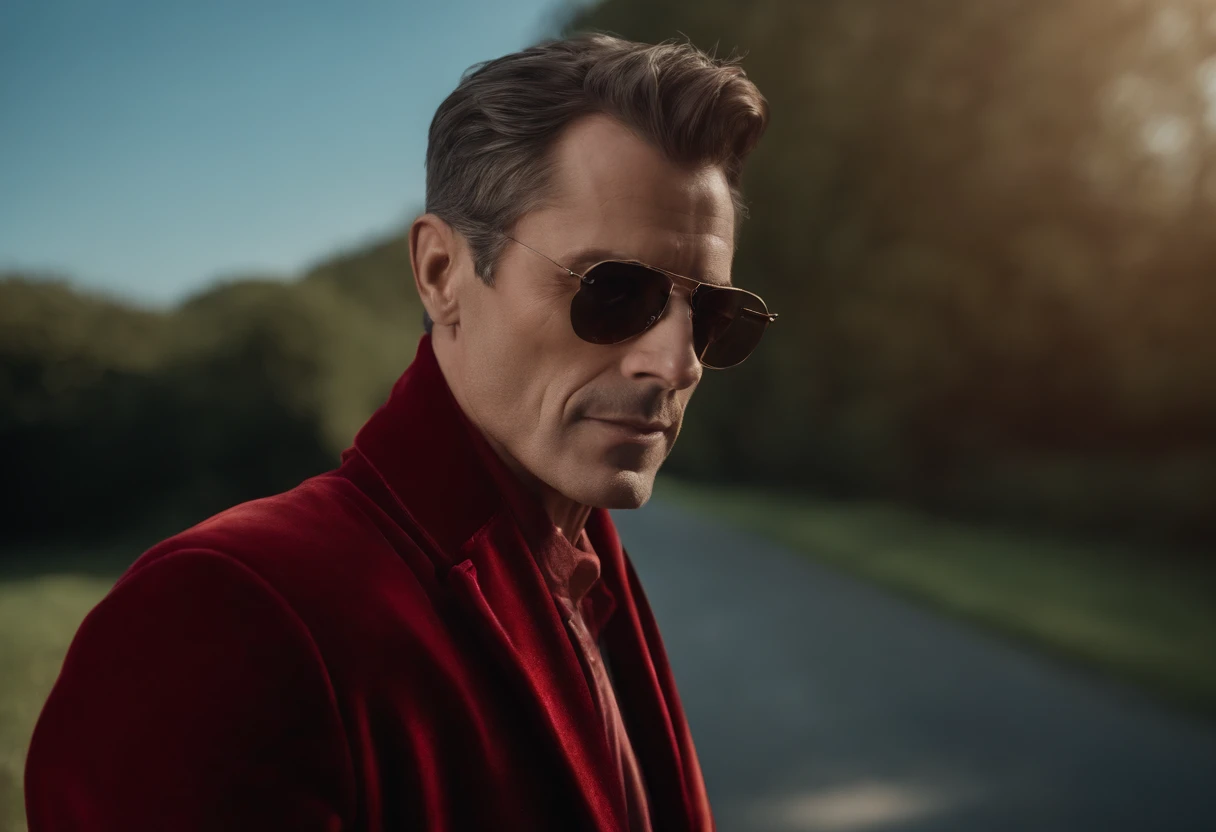 Un homme en rouge, Le style de Patrick Demarchelier. Dressed in a red velvet jacket and blue jeans , Grand et en forme, (40 ans:1.1), (shaven:1.2), (cheveux bruns courts :1.5),(very short hair:1.6). in the style of ethereal beauty, Realistic blue sky, Hass...