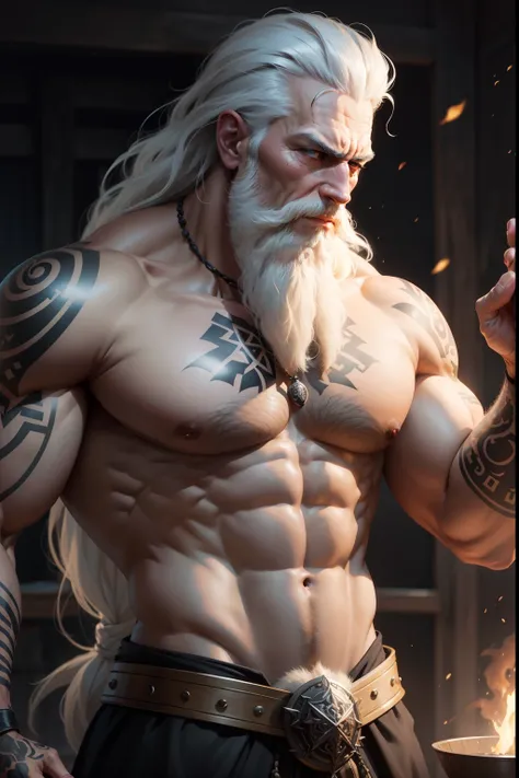 a close up of a man with tattoos and a beard, greybeard, human male , with glowing runes on the body, male god svarog portrait, norse god, covered in runes, fit male , concept art of god, muscular , old god, skinny male fantasy alchemist, detailed full bod...