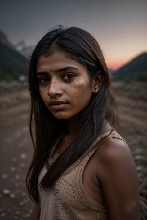 young Indian girl, dark complection, 18-year-old, ugly slum background, ,village backgound ultra hd photo, girl is sad, woman((upper body selfie,, masterpiece, best quality, ultra-detailed, solo, outdoors, (night), mountains, nature,, clear sky, analog sty...