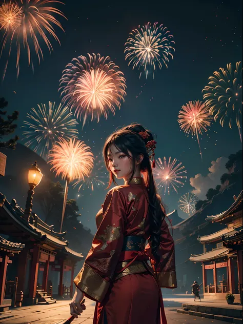 Old Chinese traditional events, happiness with beautiful fireworks red blushing lights, night vision, beautiful sky fireworks, shot with Sony Alpha A3, 8K UHD, ray tracing, Nvidia RTX 4090 rendering, DLSS 3 effects, cinematic Art work