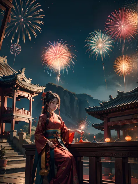 Old Chinese traditional events, happiness with beautiful fireworks red blushing lights, night vision, beautiful sky fireworks, shot with Sony Alpha A3, 8K UHD, ray tracing, Nvidia RTX 4090 rendering, DLSS 3 effects, cinematic Art work