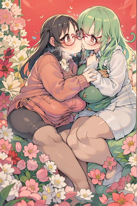 Two-dimensional girl enjoying flowers、huge-breasted、big round glasses、bbw,Large Thigh、Two girls、embracing each other、Deep kissing、the kiss、lesbian、red blush