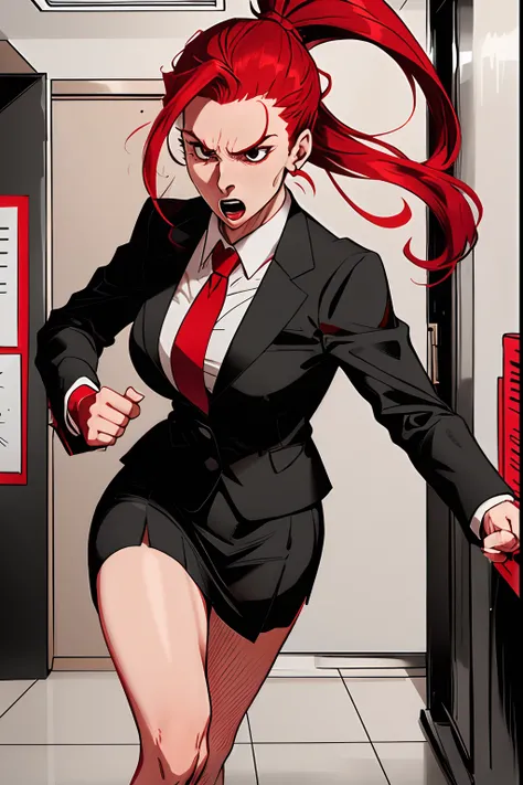 woman, red ponytail hair, wearing a black office suit, red tie,black office skirt, scared, fear, scream, running, dark, midnight