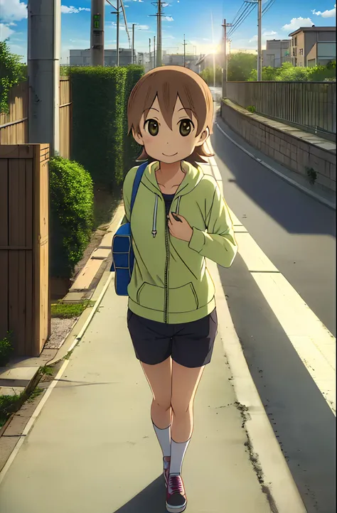 masterpiece, ncjstyle, looking at viewer, smile, aioi yuuko, , unzipped light green hoodie, crop top, short pants, sling bag, small breasts, walking, 1girl, brown hair, short hair, brown eyes, solo, lens flare, cloudy sky, town, electric poles, city fences...