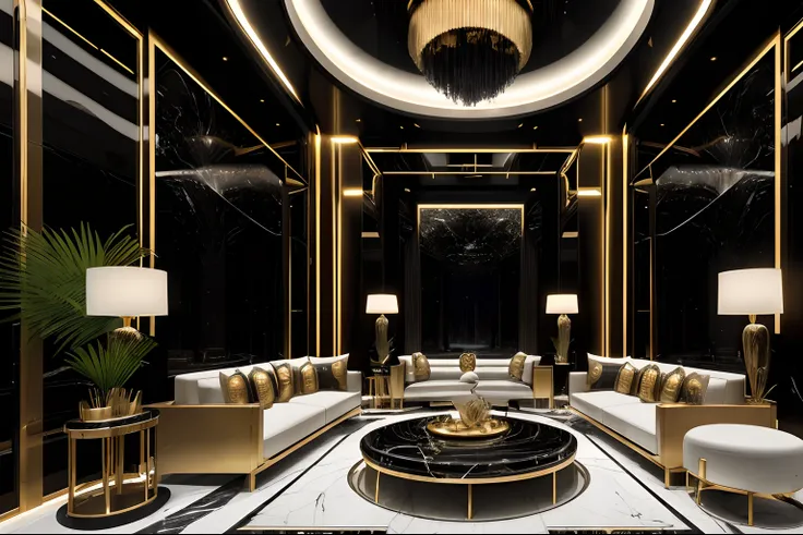 Luxury futuristic living room interior in incredible black in ancient Egyptian style ((lush verdant plants)) (The lotus flowers), ((Palm trees)), paredes rochosas, (Sand), ((falls)) (marble), ((precious minerals)), ((metals)), (Pedras preciosas), crystalli...