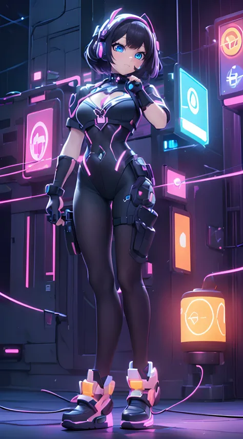 (Dynamic Angle:1.4), ((Full body posing:1.5), (Colorful:1.2), (Highly detailed CG Unity 16K wallpaper:1.1), (Denoising strength: 1.45), (tmasterpiece:1.37), ((Official art)), of the highest quality, (Realistic), Cyber Girl, 2 head body,Deformed Character,c...