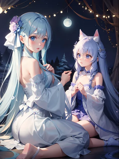 tmasterpiece，nood，Light blue long hair、Foggy night，1girl in，Curious girl chasing creatures，Expression of surprise and interest of the girl，Charming colorful creatures，Illusory Moonlight Forest，Shining stars，Beautiful flowers，Enigmatic atmosphere，Winding Ro...