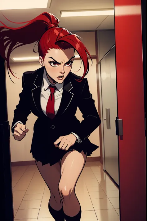 woman, red ponytail hair, wearing a black office suit, red tie,black office skirt, scared, fear, running, dark, midnight