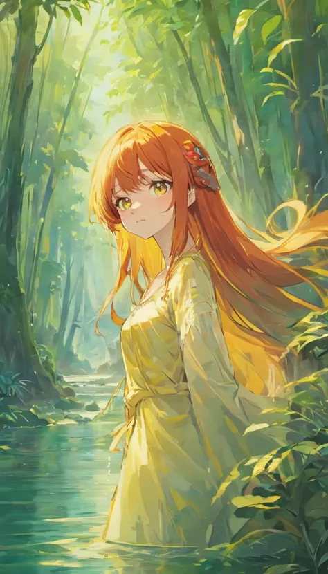 On the banks of the Amazon River，Beautiful trees in the background，Water is a shade of tan. Long red hair, yellow eyes, forehead