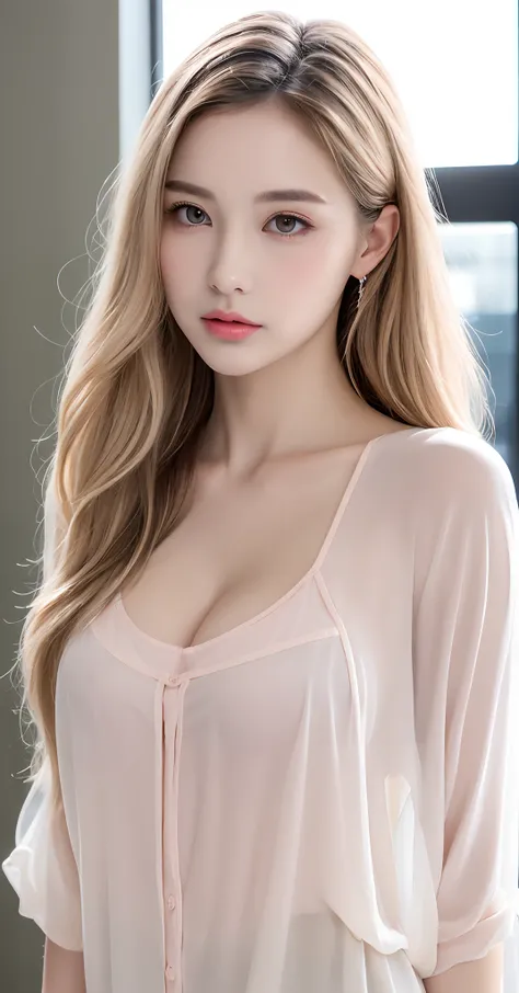 8k, Top image quality、Raw photography、超A high resolution、1 pretty girl, 18-year-old, Korean、Glasses beauty、Colossal tits:1.3、cleavage of the breast:1.3 、(transparent)、open shirt show   , ((naked)), (detailed  clothing), (detailed ), fair white skin、shiny w...