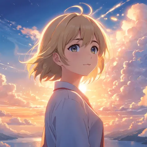 masterpiece, best quality, movie still, 1girl, cloud girl, floating in the sky, close-up, bright, happy, warm soft lighting, sunset, (sparks:0.7) blonde hair,  haezel eyes,