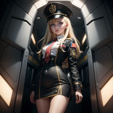 Ukrainian girl getting off the helicopter , Ukrainian anime girls , , Ukraine ,  Full body composition of young girl with messy bright blonde hair, eye make up, 13 year old,  Soft lighting, Solo, Old torn dirty shabby futuristic military uniform, badges, P...