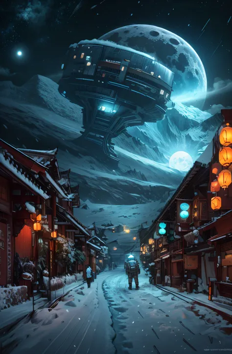 sci-fy，Moon，starrysky，snow mountains，sense of science and technology，makina，conceptual drawing, cyber punk style,Concept art for the game, Lanterns，The sky is snowing，stray，The astronaut，pandas，Original Drawing，lamplight，Back shadow，snow mountains，Chinese ...