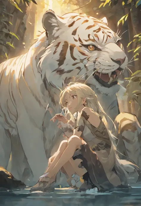 the white tiger and a mature adult female beautiful beast tamer, mature woman, (mature face:1.4), Mountain and Sea Sutra,mythological beasts, Handsome, mature face, extremely detailed, beautiful shadow and lighting, masterpiece, absurdes