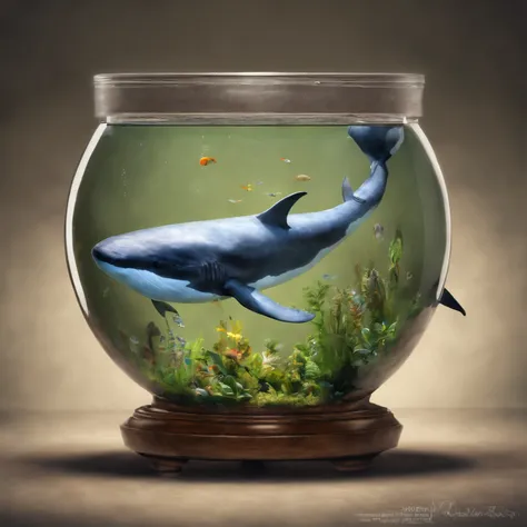 (Best Quality, hight resolution:1.2), Brilliant lights, masutepiece:1.2, curated, ultra-detailliert, hightquality, Award-winning, Swim in a small fishbowl, Long bearded whale