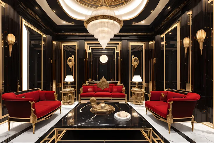 Luxurious futuristic living room interior in incredible red in ancient Egyptian style ((lush verdant plants)) (The lotus flowers), ((Palm trees)), paredes rochosas, (Sand), ((falls)) (marble), ((precious minerals)), ((metals)), (Pedras preciosas), crystall...