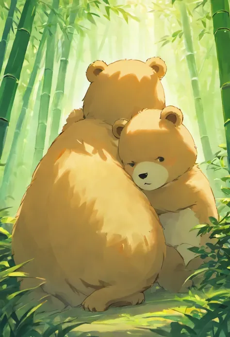 Two adorable fluffy bear cubs、Playfully roll together in a sunny bamboo forest glade, warm lighting filtering through the leaves,. Detailed fur texturing, Peaceful natural mood, Gentle lighting. Traditional watercolor style.  ●AR4:5 - s 400 - 虹5