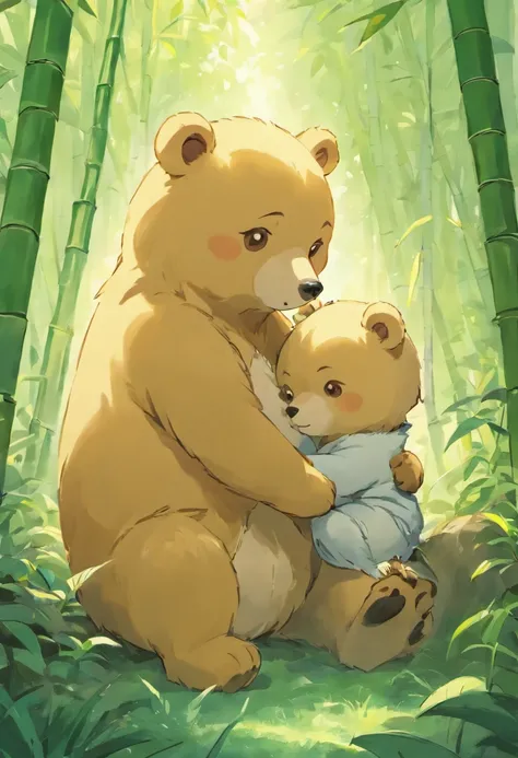 Two adorable fluffy bear cubs、Playfully roll together in a sunny bamboo forest glade, warm lighting filtering through the leaves,. Detailed fur texturing, Peaceful natural mood, Gentle lighting. Traditional watercolor style.  ●AR4:5 - s 400 - 虹5