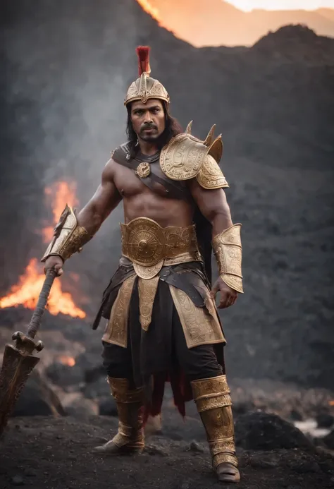 Azazyel, A Chief of Tens. Muscular male. Bronze skin. Fire eyes. Making a sword with hammer and anvil. Black and Gold Holy armor. Volcanic cave in the background with lava flowing. Steam rising off of his armor.