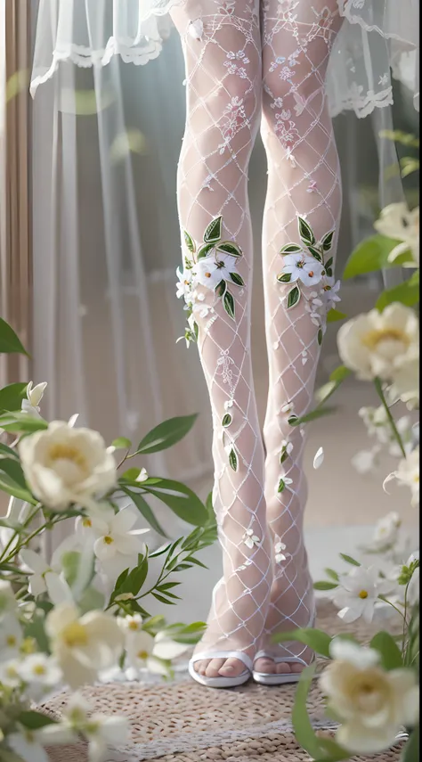 Clear stockings with floral motifs，Perfect lighting，Close-up shot，Best quality photos