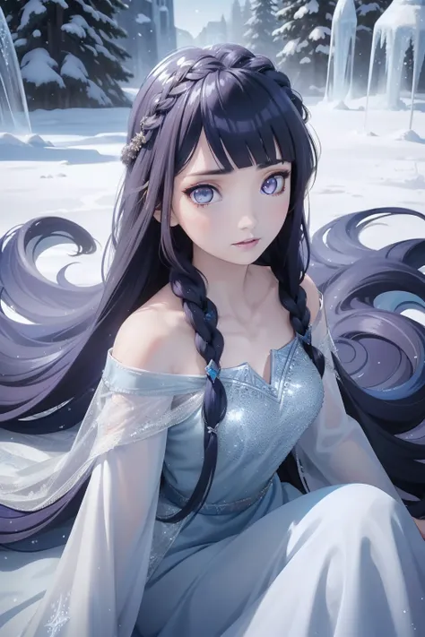 ice queen、beautuful women、(long bundled into beautiful braids(dark blue  hair；：1、2)）、white skin is beautiful、ice long dress、beau...