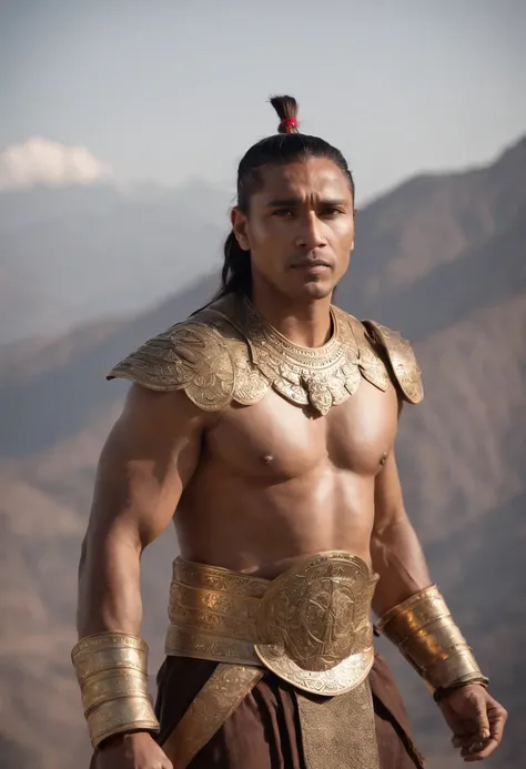 Simyaza, The leader of the chiefs of tens. Tall, muscular, tan male with holy golden armor on. On top of a mountain with mountain range in the background. Dusk. His eyes are electrified. Smoke blowing out of his nostrils. A large group of dark silhouettes ...