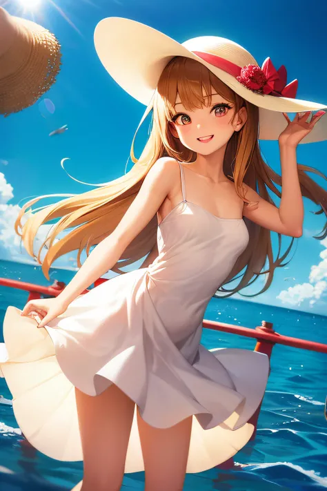 absurdres, 1girl, ocean, railing, white dress, sun hat, smile, (realistic:0.75), (waving:0.9),