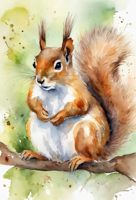 Squirrel parent and child: 1.5, hugging, smiling, cute, big eyes, pure white fur, fluffy fur, simple background, white background, watercolor painting, spring