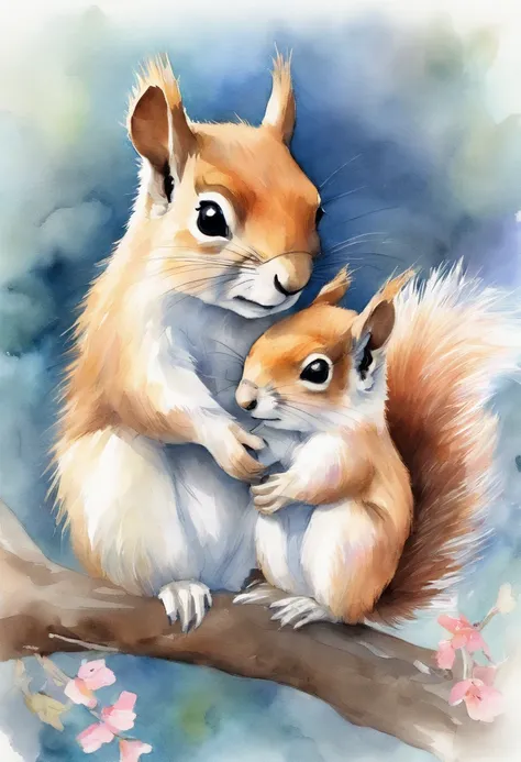 Squirrel parent and child: 1.5, hugging, smiling, cute, big eyes, pure white fur, fluffy fur, simple background, white background, watercolor painting, spring