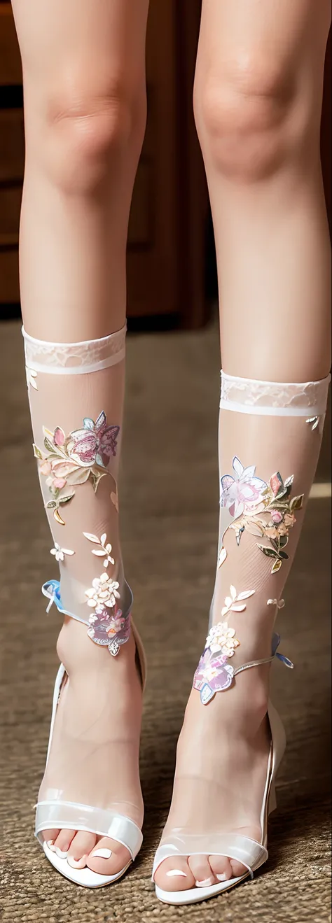 Clear stockings with floral motifs，Perfect lighting，Close-up shot，Best quality photos