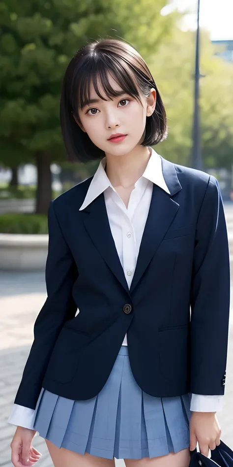 Neat and clean schoolgirl、(Schoolgirl Uniform、Loose and large shirt、Shoulders are visible、Nipple bumps、16yo girl、shirt wet、Sheer white shirt、Navy blue ribbon at the collar、School Uniform Blazer、Dark blue pleated micro mini)、Outside the field、(Slimed)、Photo...