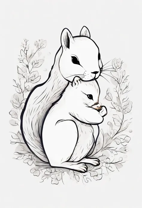 Squirrel parent and child: 1.5, hugging, smiling, cute, big eyes, pure white fur, fluffy fur, simple background, white background, watercolor painting, spring