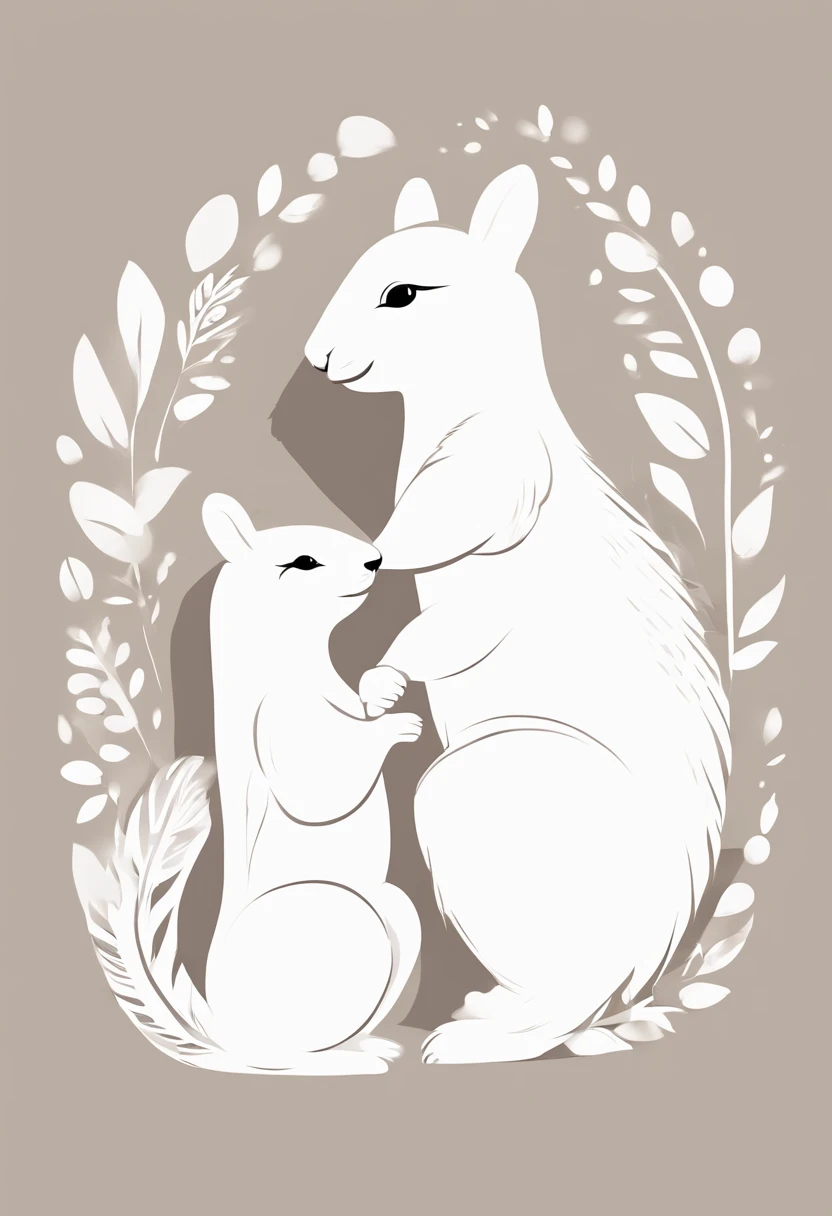 Squirrel parent and child: 1.5, hugging, smiling, cute, big eyes, pure white fur, fluffy fur, simple background, white background, watercolor painting, spring