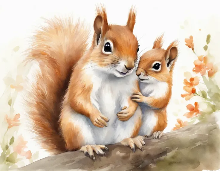 Squirrel parent and child: 1.5, hugging, smiling, cute, big eyes, pure white fur, fluffy fur, simple background, white background, watercolor painting, spring