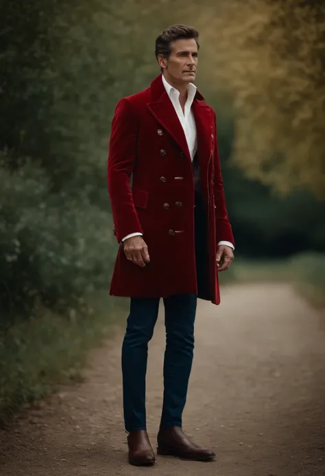 Un homme en rouge, Le style de Patrick Demarchelier. Dressed in a red velvet jacket and jeans , Grand et en forme, (40 ans:1.1), (shaven:1.2), (cheveux bruns courts :1.5),(very short hair:1.6). in the style of ethereal beauty, Realistic blue sky, Hasselbla...