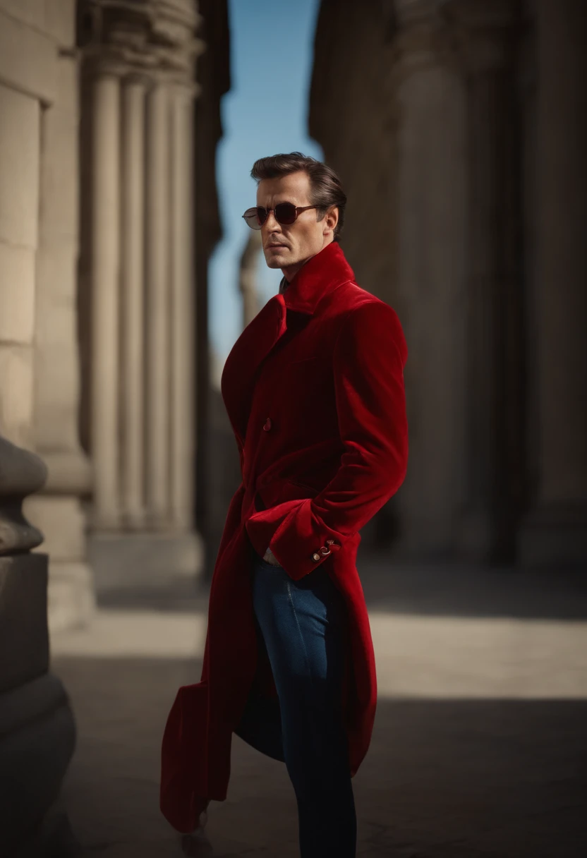 Un homme en rouge, Le style de Patrick Demarchelier. Dressed in a red velvet jacket and jeans , Grand et en forme, (40 ans:1.1), (shaven:1.2), (cheveux bruns courts :1.5),(very short hair:1.6). in the style of ethereal beauty, Realistic blue sky, Hasselbla...