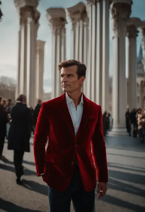 Un homme en rouge, Le style de Patrick Demarchelier. Dressed in a red velvet jacket and jeans , Grand et en forme, (40 ans:1.1), (shaven:1.2), (cheveux bruns courts :1.5),(very short hair:1.6). in the style of ethereal beauty, Realistic blue sky, Hasselbla...