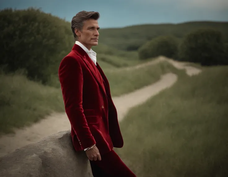 Un homme en rouge, Le style de Patrick Demarchelier. Dressed in a red velvet jacket and blue jeans , Grand et en forme, (40 ans:1.1), (shaven:1.2), (cheveux bruns courts :1.5),(very short hair:1.6). in the style of ethereal beauty, Realistic blue sky, Hass...