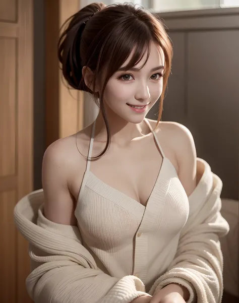 (Best Quality), (masutepiece), (High resolution), (Intricate details:0.2),(Professional Lighting), dressing gown, Detailed background,off shoulders, (Previous view), 1girl in, Solo, (Beautiful face),  Slim body, Fine skin, Smile, brown hair in a ponytail, ...