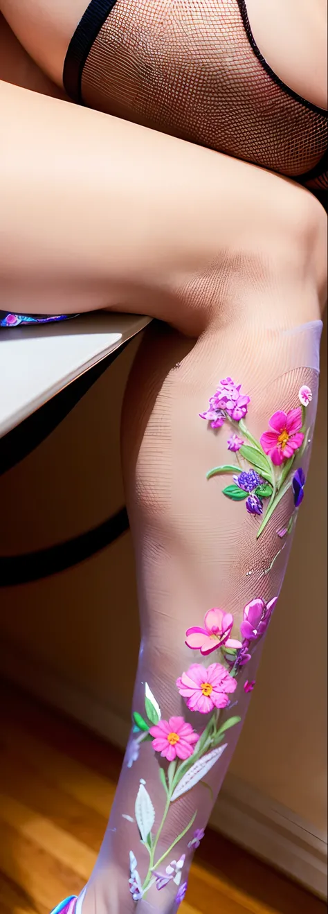 Clear stockings with floral motifs，Perfect lighting，Close-up shot，Best quality photos