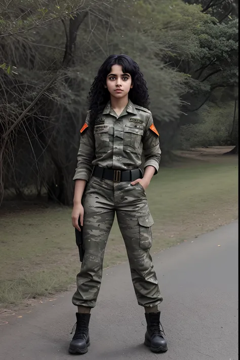 girl in army camouflage uniform, indian military uniform, black hair, black eyes, curly hair, full body, ultra realistic, realistic candid, photograph