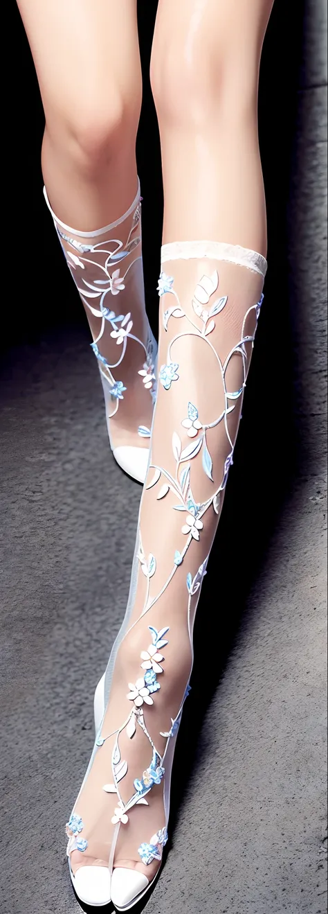 Clear stockings with floral motifs，Silver jewelry，Perfect lighting，Close-up shot，Best quality photos