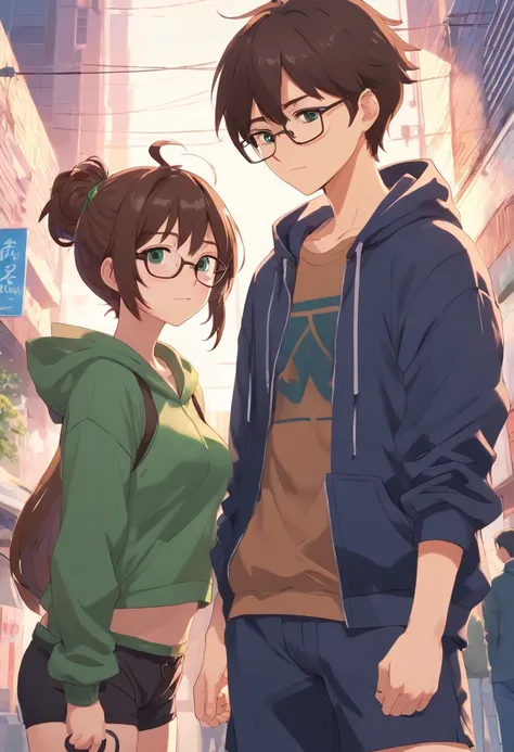 brown hair tied in messy bun, glasses, big boobs, green eyes, pointed ears, goth, black crop hoodie, black shorts, round glasses, black fishnet gloves and stockings, freckles, blushing, hentai, nsfw, sexual, having sex, big dick, porn, male x female, two p...