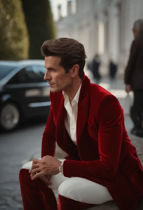 Un homme en rouge, Le style de Patrick Demarchelier. Dressed in a red velvet jacket and jeans , Grand et en forme, (40 ans:1.1), (shaven:1.2), (cheveux bruns courts :1.5),(very short hair:1.6). in the style of ethereal beauty, Realistic blue sky, Hasselbla...