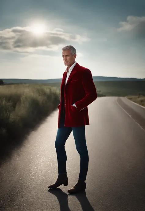 Un homme en rouge, Le style de Patrick Demarchelier. Dressed in a red velvet jacket and jeans , Grand et en forme, (40 ans:1.1), (shaven:1.2), (cheveux bruns courts :1.5),(very short hair:1.6). in the style of ethereal beauty, Realistic blue sky, Hasselbla...