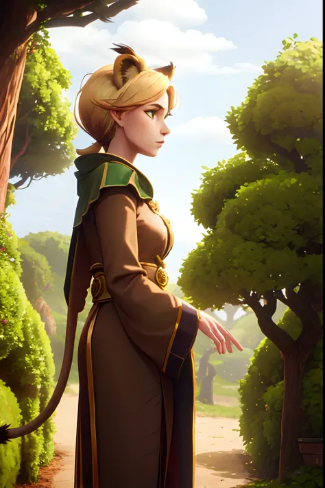 arcane style,

1 girl, sideview, young girl, golden hair, green eyes, lion ears, lion tail, brown robes, looking out, contemplation, forest